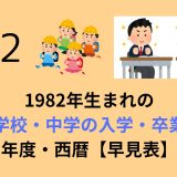 1982年生まれの小学校・中学の入学・卒業の年度・西暦【早見表】